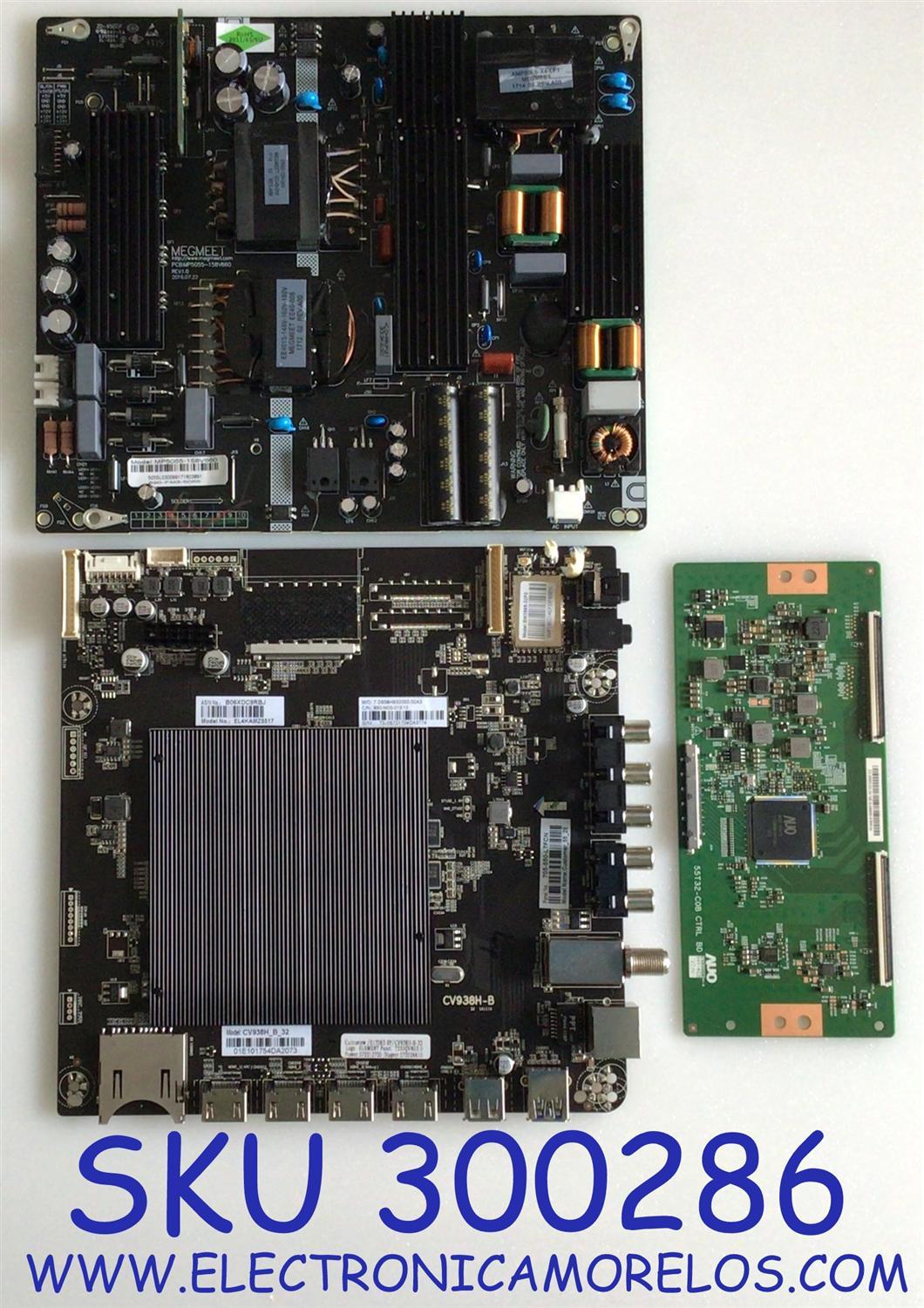 KIT DE TARJETAS PARA TV ELEMENT / MAIN 890-M00-01E10 / E17063-SY / CV938H-B / T-CON 55.55T32.C10 / 5555T32C10 / 55T32-C0B / FUENTE MP5055-158V660 / 890-PM3-5055 / PANEL T550-0UK-DLED / DISPLAY T550QVN05.0 / MODELO EL4KAMZ5517 LE-55GUK-A1